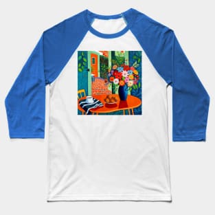 Modern Still Life Painting with Floral Vase and Garden View Baseball T-Shirt